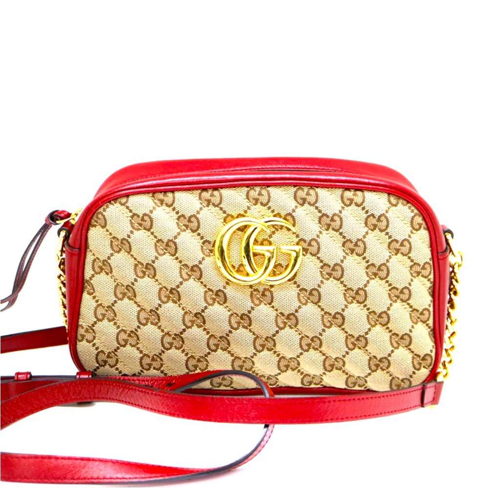 Gucci GG Marmont Quilted Shoulder Bag Leather Canvas Brown Beige Red